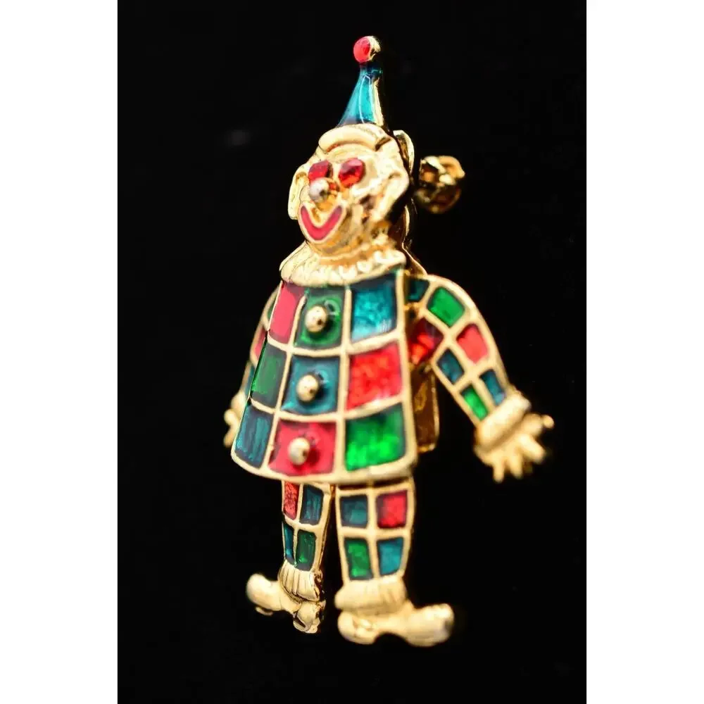 Vintage Clown Pin Brooch Red Green Enamel Dangle Arms Legs Gold Tone 1990s BinAT